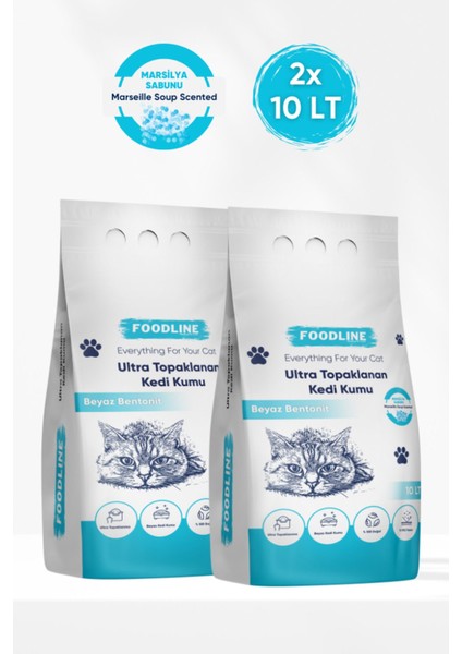 Marsilya Sabunu Kokulu Ince Taneli Bentonit Topaklanan Kedi Kumu 10 Lt x 2 Adet