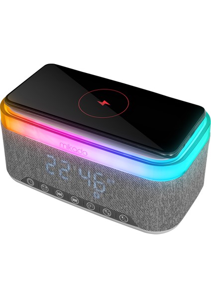 Md-W8 1200MAH 10W Gri Bluetooth-Usb-Kablosuz Şarj Rgb-Gece Lambası Özellikli Alarmlı Saat Speaker