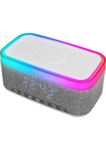 Md-W8 1200MAH 10W Gri Bluetooth-Usb-Kablosuz Şarj Rgb-Gece Lambası Özellikli Alarmlı Saat Speaker