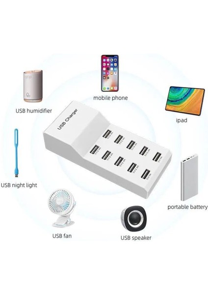 10'lu USB Çoğaltıcı Çoklu Şarj Aleti Fişli USB Hub