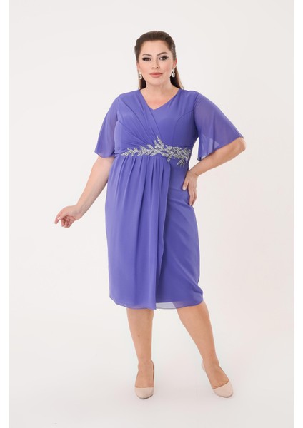 Büyük Beden Lila Renkli Kısa Şifon Abiye Elbise