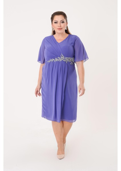 Büyük Beden Lila Renkli Kısa Şifon Abiye Elbise fiyatları