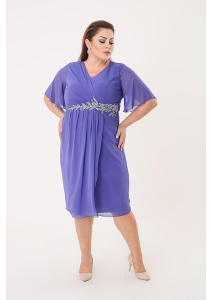 Büyük Beden Lila Renkli Kısa Şifon Abiye Elbise modelleri