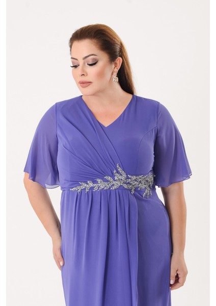 Büyük Beden Lila Renkli Kısa Şifon Abiye Elbise fırsatları