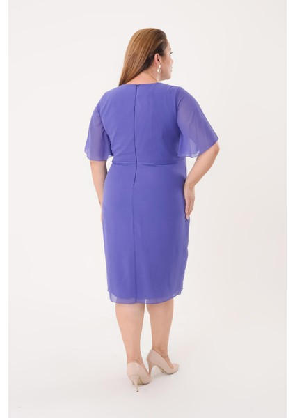 Büyük Beden Lila Renkli Kısa Şifon Abiye Elbise indirimleri