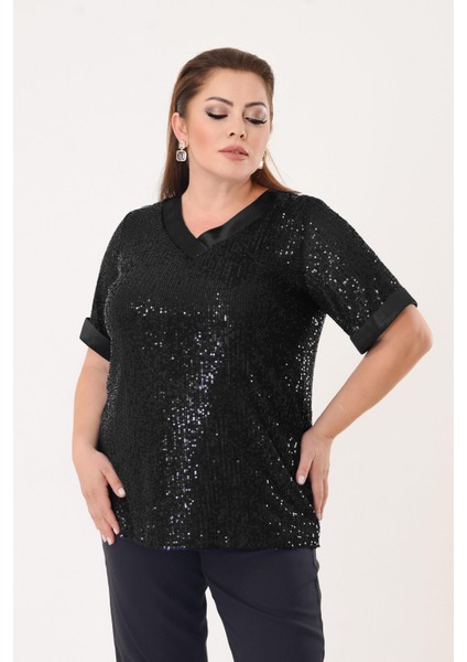 Büyük Beden Siyah Renkli Pul Payetli Bluz fiyatları