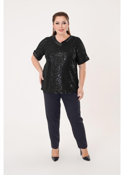 Büyük Beden Siyah Renkli Pul Payetli Bluz fırsatları