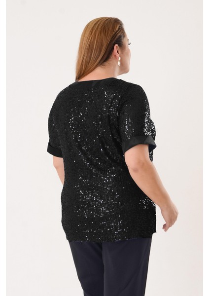 Büyük Beden Siyah Renkli Pul Payetli Bluz indirimleri