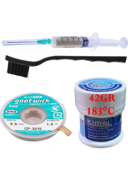 Solder Paste Kimei 183C Uyumlu Krem Lehim 42 gr Sıvı Lehim ve Flux Lehim Toplama Fırça Seti 3,5 mm 4'lü St