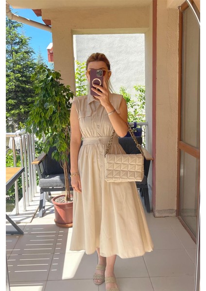 Çift Cepli Gömlek Elbise Poplin Kumaş Krem