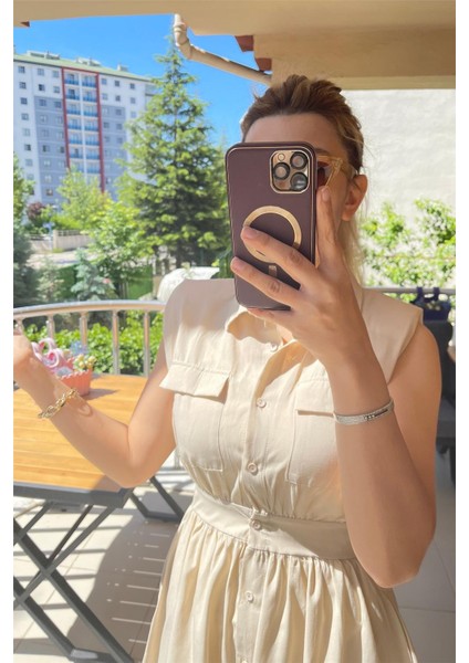 Çift Cepli Gömlek Elbise Poplin Kumaş Krem