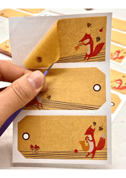 Tilki Desenli Kraft Kağıt Yapışkanlı Etiket /defter Etiketi/sticker/etiket