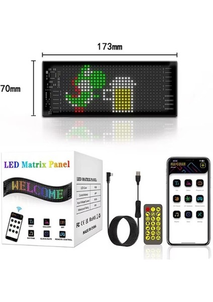 Renkli LED Esnek Kayan Yazı Emoji Animasyon -Telefon Uygulamalı ve Kumandalı - Araba, Mağaza, Dükkan, Ev (Ölçü: 10X30 Cm)