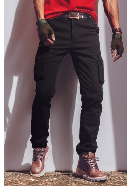 Kışlık Düz Paça Gabardin Siyah Erkek Kargo Pantolon - Pamuklu Esnek Likralı - Kargo Erkek Pantolon