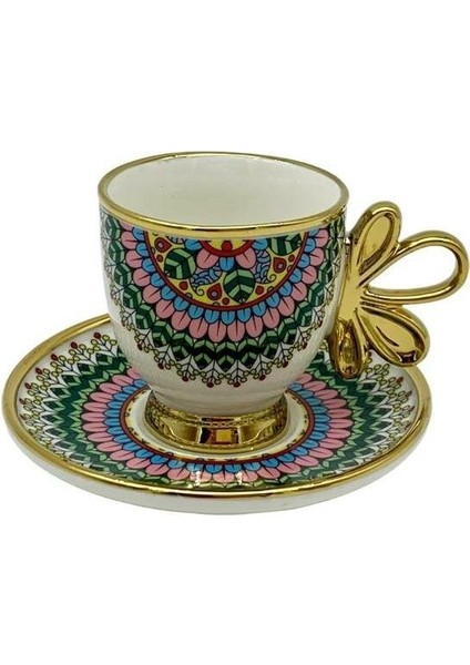 Yeşil-Pembe Desenli 6 Kişilik Kahve Fincan Takımı