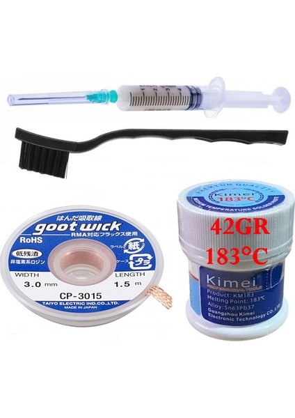 Solder Paste Kimei 183C Uyumlu Krem Lehim 42 gr Sıvı Lehim ve Flux Lehim Toplama Fırça Seti 3,0 mm 4'lü St