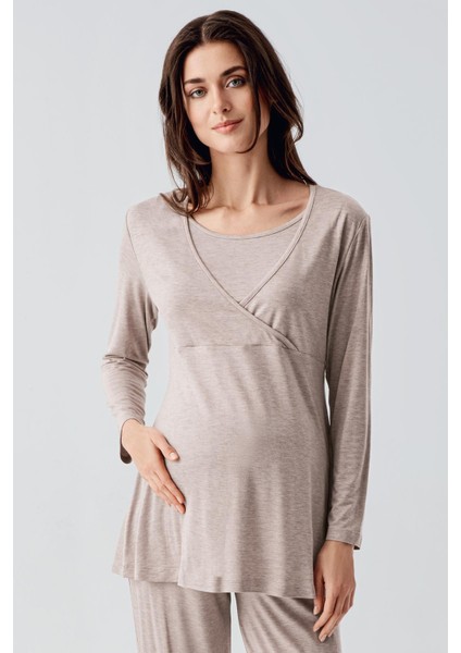 Uzun Kollu Likralı Viskoz Hamile Pijama Takım 22105