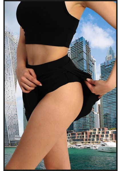 Kadın Siyah Deniz Havuz Şortu Etek Görünümlü Yırtmaçlı Şık Model Summer Beach Short HB11100 fırsatları