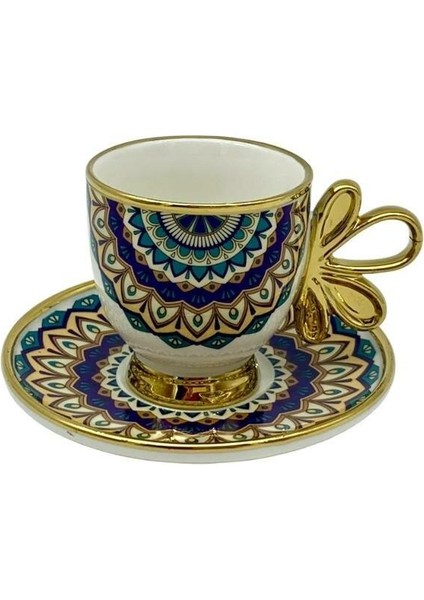 Yeşil-Sarı Desenli 6 Kişilik Kahve Fincanı