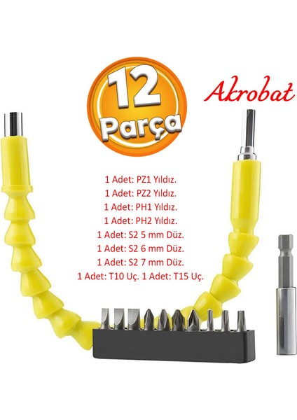 Akrobat Kıvrılabilir Eğilebilir Vida Sıkma Sökme Bits Uç Vidalama Torx Yıldız Düz Uçlar 12 Parça