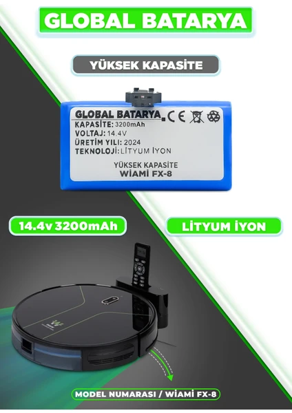 Global Batarya Wiami Fx8 Uyumlu Akıllı Robot Süpürge Bataryası 14.4V 3200mAh Pil Li-ion (Yüksek Kapasite)