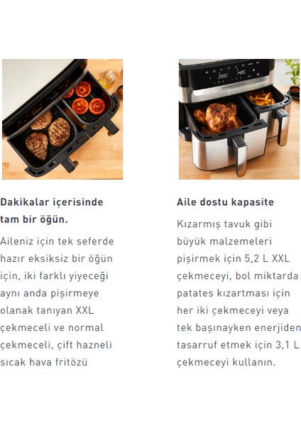 Izgara ,Pişirme, Kızarma Çift Hazneli İkili Pişirici 8,3 Litre XXL İki Sepetli Yağsız Havalı Airfryer & Fritöz Pişirme kağıdı hediyeli