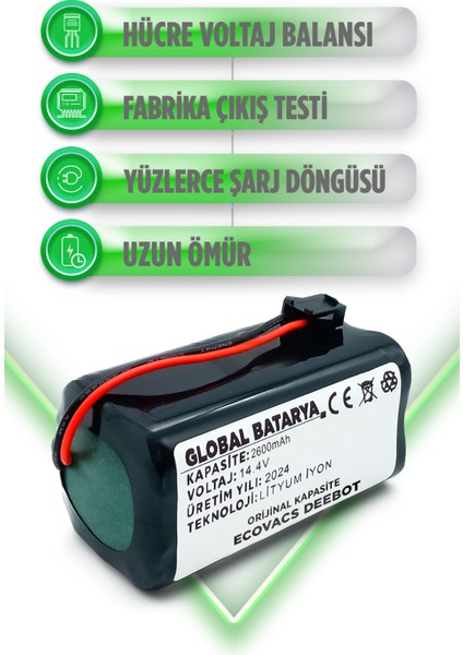 Global Batarya Ecovacs Deebot N79W Uyumlu Akıllı Robot Süpürge Bataryası 14.4V 2600mAh Pil Li-ion (Orijinal Kapasite)