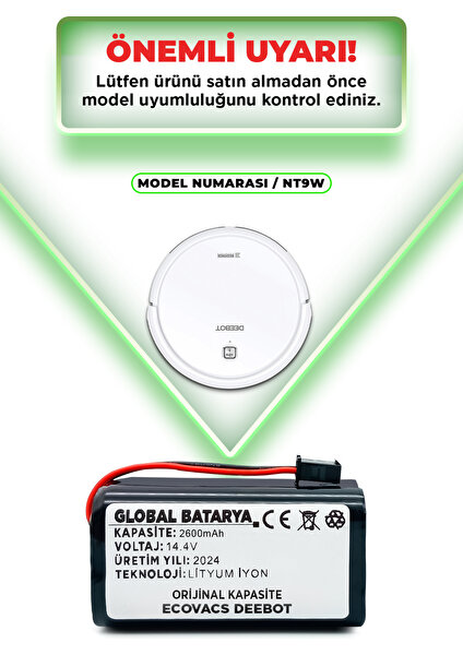 Global Batarya Ecovacs Deebot N79W Uyumlu Akıllı Robot Süpürge Bataryası 14.4V 2600mAh Pil Li-ion (Orijinal Kapasite)