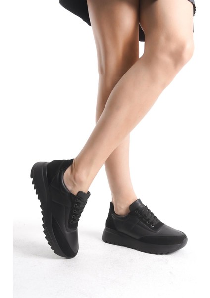 Kadın Siyah Deri Günlük Spor Ayakkabı Sneaker