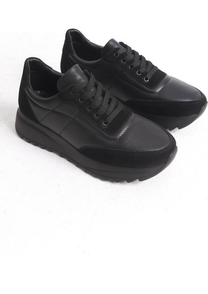 Kadın Siyah Deri Günlük Spor Ayakkabı Sneaker