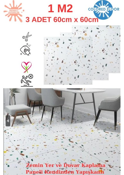 Renkli Duvarlar 1 m2 - 3 Adet 60 x 60 cm Floor Benekli - Yapışkanlı Zemin ve Duvar Kaplama Paneli - Arkası Kauçuklu Pvc 609