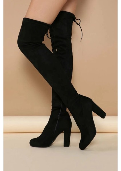 Çorap Çizme, Kadın Siyah Yuvarlak Burunlu 10CM Topuklu Streç Çizme modelleri