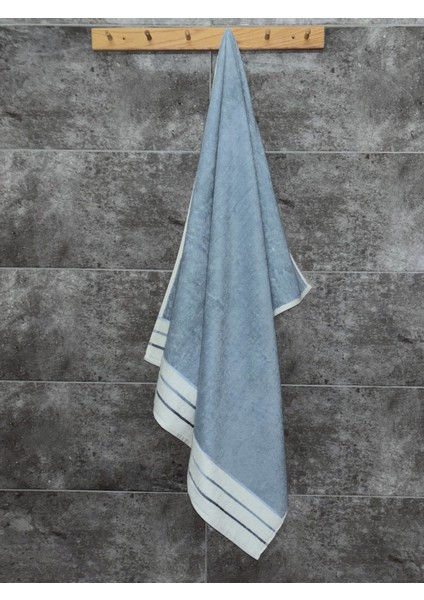 ekru bordürlü banyo havlusu - pamuk & yumuşak çizgili & ıpliği boyalı - 90x150 cm - ındigo