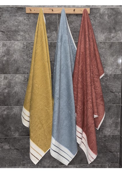 ekru bordürlü banyo havlusu - pamuk & yumuşak çizgili & ıpliği boyalı - 90x150 cm - ındigo