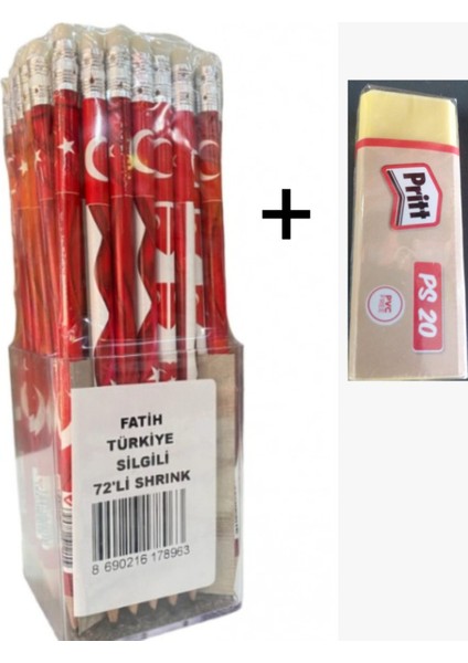 Fatih Bayrak Baskılı Silgili Kurşun Kalem 5 Adet + Pritt Silgi 1 Adet