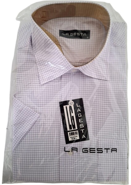 S / M Beden Tek Cepli Pamuk Pembe- Beyaz Çizgili Kareli Klasik Kısa Kollu Erkek Gömleği