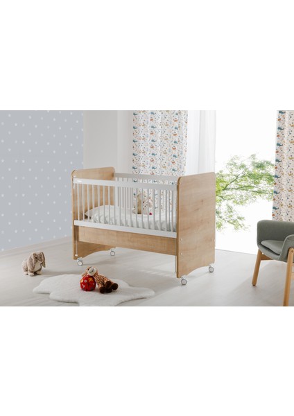 BW1066 - Pratik Kademeli Anne Yanı Tekerlekli Bebek Beşik Ahşap 60x120
