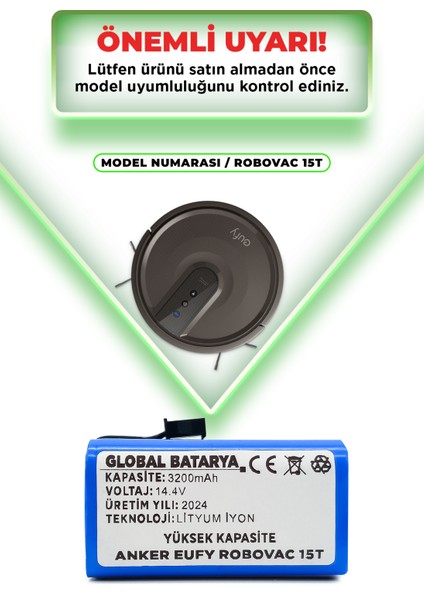 Global Batarya Anker Eufy Robovac 15T Akıllı Robot Süpürge Bataryası 14.4V 3200mAh Pil Li-ion (Yüksek Kapasite)