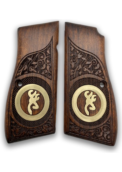 Silah Kabzası - Zig 14, Browning Hp, High Power 14, Dik Kasa, Browning Halkalı (Halka Için Kesim Yaptırmak Için Mesaj Atın), Halkasız ile Uyumlu - Koyu Kahverengi Renk - Metal Logolu