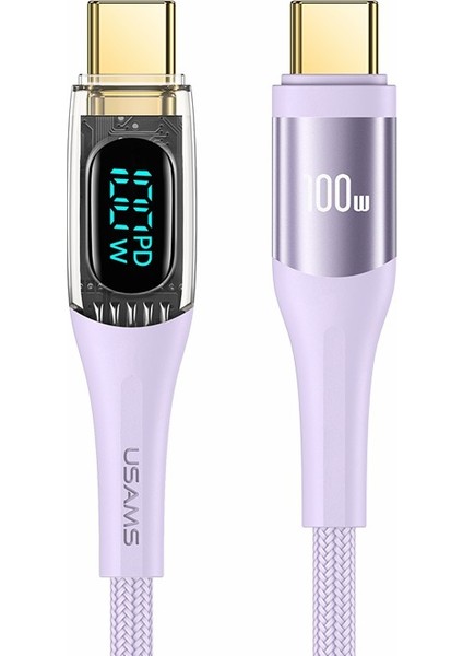 US-SJ590 1.2m Gölge Serisi iPhone 15 Serisi Için Type-C&#39;den Type-C&#39;ye Pd 100W Şeffaf Dijital Ekran Hızlı Şarj Kablosu - Mor (Yurt Dışından)