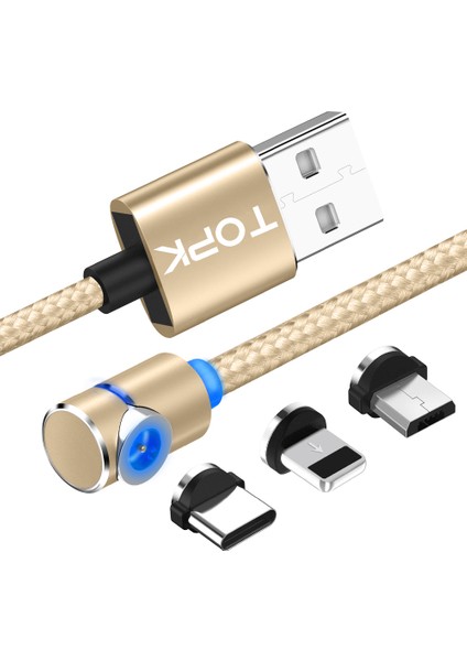 1m Örgülü USB Şarj Kablosu + 3&#39;ü 1 Arada Lightning/mikro Usb/type-C 90 Derece Dirsek Manyetik Adaptör, LED Işıklı - Altın (Yurt Dışından)
