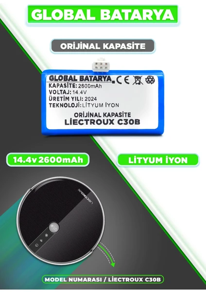 Global Batarya Liectroux C30B Akıllı Robot Süpürge Bataryası 14.4V 2600mAh Pil Li-ion (Orijinal Kapasite)