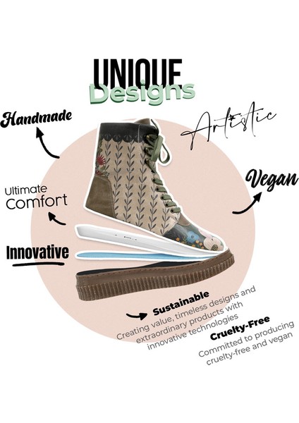 Kadın Vegan Deri Haki Uzun Bot - Bear and Flowers Tasarım