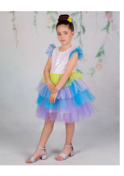 Kız Çocuk Elbise Renkli Katlı Model
