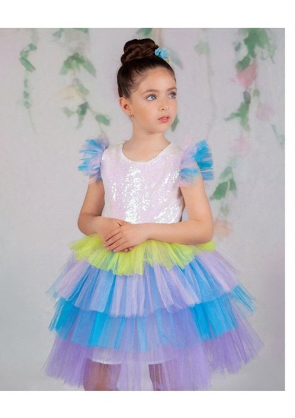 Kız Çocuk Elbise Renkli Katlı Model