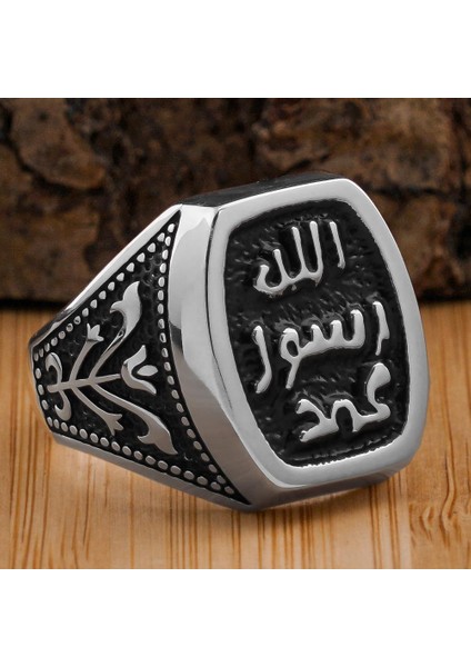 Allah Resulü Muhammed Yazılı Lale Figürlü 925 Ayar Gümüş Yüzük