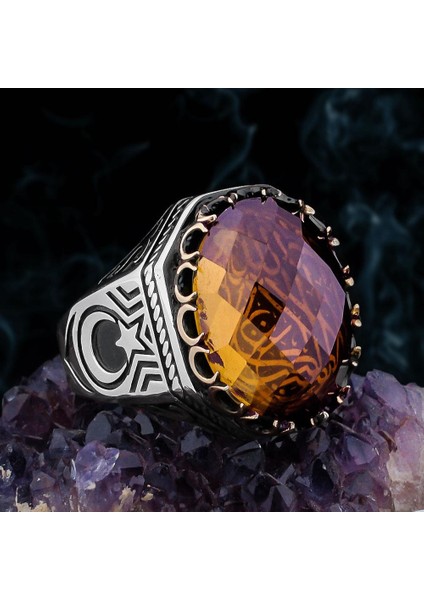 Zultanit Taşlı La Galibe Illallah Yazılı Ayyıldız Tasarımlı Gümüş Erkek Yüzük