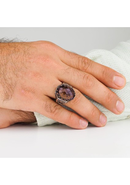 Zultanit Taşlı La Galibe Illallah Yazılı Ayyıldız Tasarımlı Gümüş Erkek Yüzük fiyatları