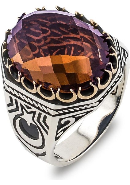 Zultanit Taşlı La Galibe Illallah Yazılı Ayyıldız Tasarımlı Gümüş Erkek Yüzük modelleri