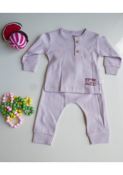 Lilnest Mevsimlik Lila Düğmeli Bebek Waffle Alt Üst Takım